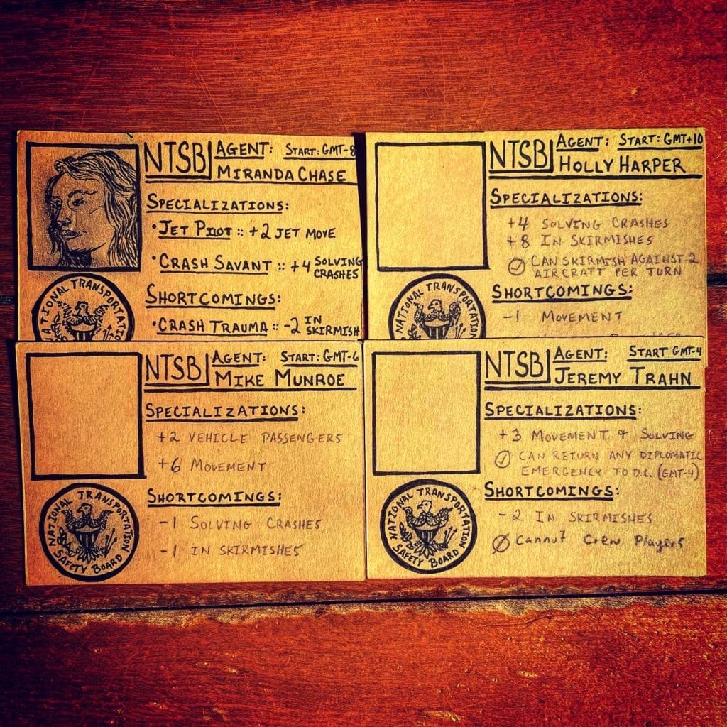 This is an image of four hand drawn character identification cards. They are designed to feature: name, image, ntsb logo, qualifications as an investigator, and bonus statistics for gameplay